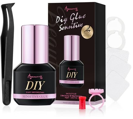 Sensitive Glue for DIY Lash Extension Self Application Hypoallergenic Cluster Lash Adhesive Black, 1s Fast Dry and Extra Strong Eyelash Adhesive, Individual lash Extension Glue With Tweezer