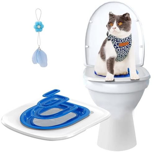 Upgraded Cat Toilet Training Kit,Universal Cat Toilet Training Systems,Reusable Trainer for Pet Cleaning with 1 Replaceable Feather Toy (Blue-1)