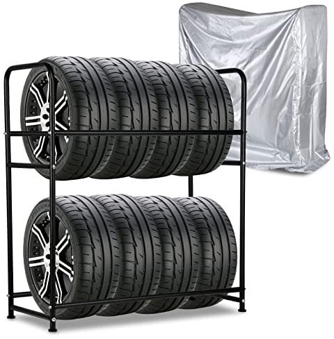 Ansobea Estantería para 8 neumáticos, soporte para neumáticos, 107 x 46 x 117 cm, árbol de llantas para neumáticos de coche, capacidad de carga de 180 kg, estantería para llantas con funda protectora