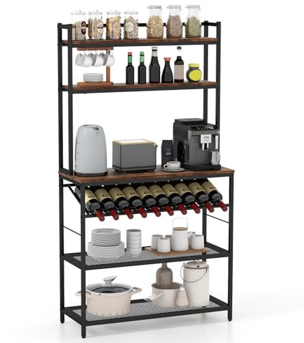 COSTWAY Étagère de Cuisine à 6 Niveaux, Support pour Micro-Ondes Autoportant, Porte-Bouteille de Vin Incliné, 2 Étagères en Maille, Style Industriel, Charge 55 kg, pour Cuisine, Marron Rustique