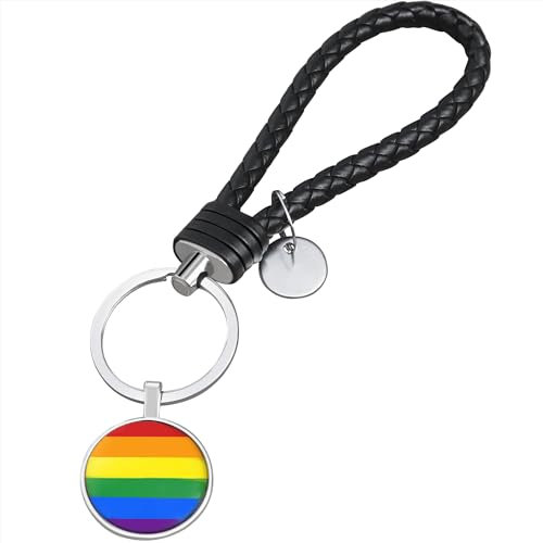 TRIXES Regenbogen-Schlüsselanhänger mit geflochtener Lederschlaufe – Pride-Zubehör – Mehrfarbiges Zubehör – Gay LGBTQIA2s+ Pride Day