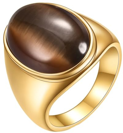 Mesnt Edelstahl Ring Herren, 23MM großer ovaler Stein Punk Stil Zeigefinger Ring aus Edelstahl für Männer Frauen Gold Braun, Größe 60 (19.1)
