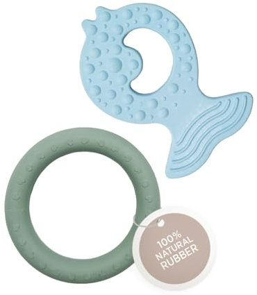 HEVEA Kawan Naturkautschuk-Beißring Baby im 2er-Pack - 100% Biologisch, Sicher & Dänisches Design für Babys - Frei von BPA, PVC, Kunststoff und Phthalaten (Himmelblau und Seeschaumblau)