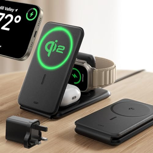 ESR Qi2 3 in 1 Charging Station for Apple, MagSafe Charger Stand for iPhone & Apple Watch Charger [Certified], Travel Charging for iPhone 17/16/15/14/13/12 & Watch & AirPods 4/3, Black, No bag