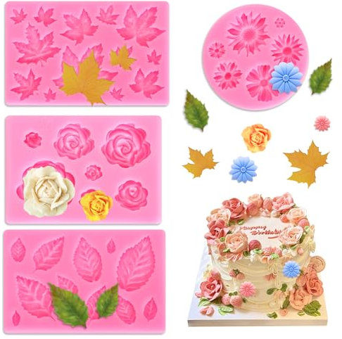 FIHODONE 4 Stück Silikonform Rosa,Silikonformen Gießformen 3D Rosen und Blätter,Silikonformen Blumen Dessertdekoration,Silicone Mold Formen Blume,Silikonform Backen für Kuchen,Sugarcraft,Schokolade