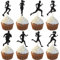 SYKYCTCY 24 Pack Running Cupcake Toppers Black Glitter Sports Fitness Cupcake Picks for Running Theme Boys Girl Kids Birthday Party Cupcake Decorations Supplies