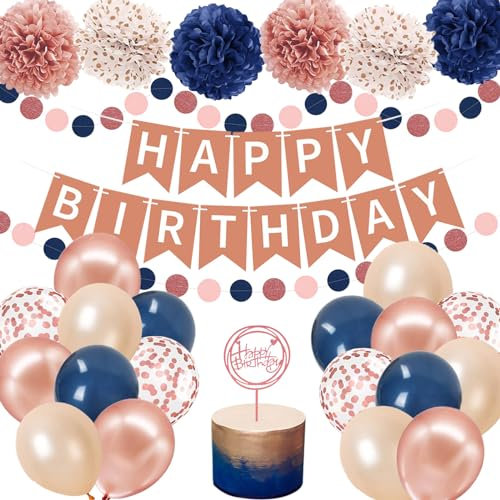 Navy Blau Geburtstag Deko Rosegold HAPPY BIRTHDAY Banner Dunkelblau Seidenpapier Pompoms Runde Circle Girlande Luftballons Roségold Konfetti Ballons Geburtstagsdeko