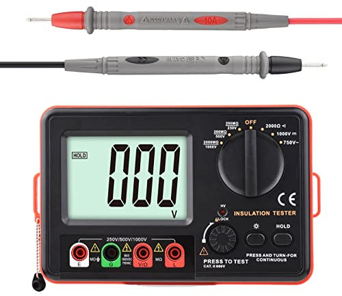 Irfora Digitales Isolationswiderstandsmessgerät mit LCD-Hintergrundbeleuchtung DC 250V/ 500V/ 1000V AC 750V Multifunktions-Isolationswiderstands-Messgerät-Kit mit Riemen/Schutzdeckel/Stoffbeutel