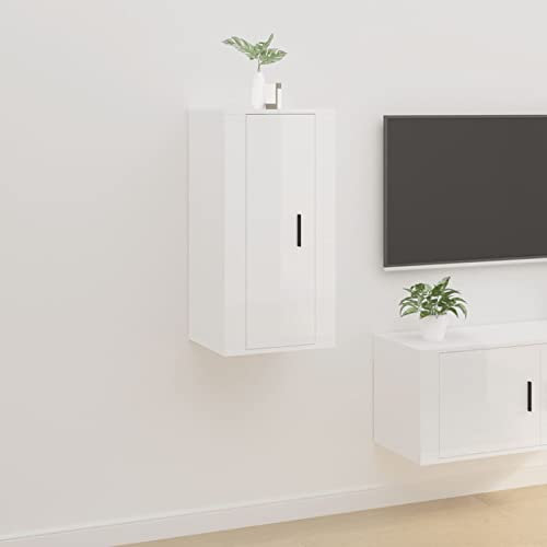 Homgoday Meuble TV Mural Blanc Brillant 40x34,5x80 cm, Armoire de Télévision Suspendu avec Compartiments avec Portes, Muraux Meuble TV Flottant pour Salon, Chambre