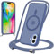 Yodege Magnetische Handyband für iPhone 16 6,1 Hülle mit Band, Handyhülle Kompatibel mit MagSafe, Matt Transluzente PC + TPU Stoßfest Schutzhülle mit Abnehmbar Kordel zum Umhängen Case, Blau