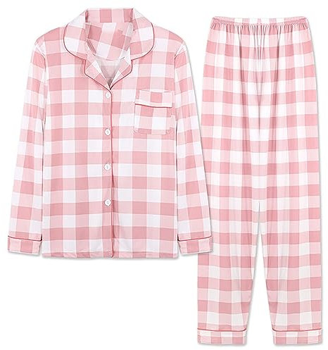 Vêtements de Nuit Pour Femmes, Haut et Pantalon Confortables, Pyjama Doux, Automne et Hiver, Manches Longues, Gilet à Revers, Grande Taille, Pyjama à Carreaux, Rose