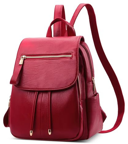 FOLOVEYA Rucksack Damen Klein Elegant Cityrucksack Anti Diebstahl Wasserdicht PU Leder Daypack mit Mehreren Taschen Modern Tagesrucksack für Alltag Arbeit Reisen Rot