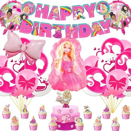 40PCS Geburtstag Dekorationen, Party Supplies Premium Birthday Banner, 17 Cake Toppers, 18 Latex-Ballons, 4 Folienballons Niedliche Ballons, Junge Mädchen Kind Rosa Schleife Luftballons