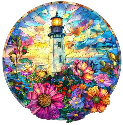 Wooden Puzzles for Adults, Stained glass lighthouse Jigsaw Puzzles for Adults, Wooden Puzzle for Family Game and Birthday Gift Idea for Friends (29 * 28.5cm,200pcs)