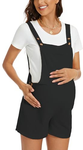 FEOYA Tuta Premaman Corta in Cotone Salopette Casual con Bottoni per Donne Incinte Overalls Largi e Comodi per Estate Nero XL