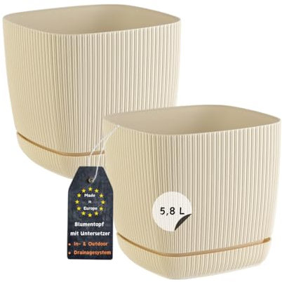 Engelland - 2 x Blumentopf mit Drainagesystem, Untersetzer, Farbe: Beige, Rillenoptik, Pflanz-Topf, Kübel, modern, Kunststoff, quadratisch, 21 x 21 cm, 5,8 Liter
