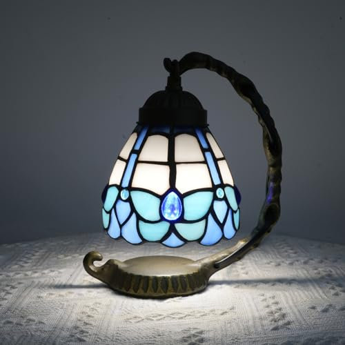 Blauer Schmetterling Tiffany Lampe Kleine Glasmalerei Akzent Nachtlicht Retro Einzigartige Nachttisch Licht Mini Nachttischlampe für Home Schlafzimmer Wohnzimmer Jungen Mädchen Weihnachtsgeschenke