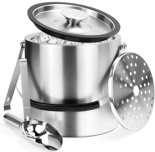 3L Eiswürfelbehälter mit Deckel Eiskübel Edelstahl Eisbehälter für Eiswürfel Doppelwandiger Isoliert Eiseimer für Wein mit Eisschaufel, Zangen und Sieb