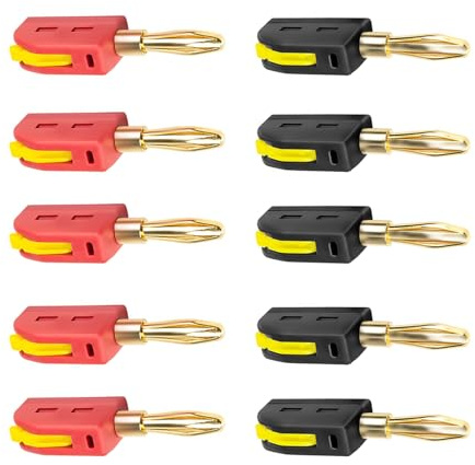 BEELUKY Bananenstecker 4mm, Schwarz Rot, 10 Stück | 32A Kupfer Vergoldet, Schraubbar, Für Kabel Boxen Endstufen, AV-Receiver HiFi Stereoanlagen