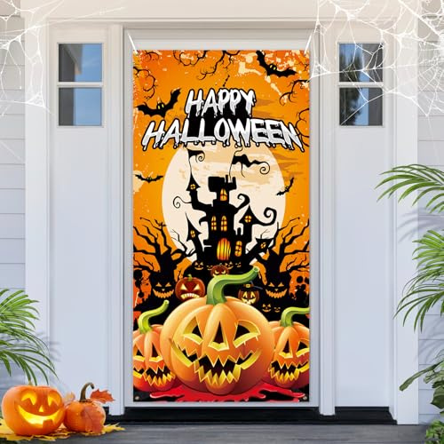 PartyYaa Striscione per porta di Halloween, decorazione per cabina fotografica di Halloween, zucca e casa infestata portico cartello ornamento per feste per interni ed esterni (arancione)