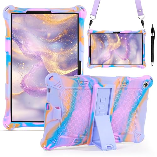 VENINGO Coque compatible avec Lenovo Tab M10 3rd Gen 10.1 coque en silicone souple avec support intégré, comprend stylo stylet capacitif + sangle pour épaule violette