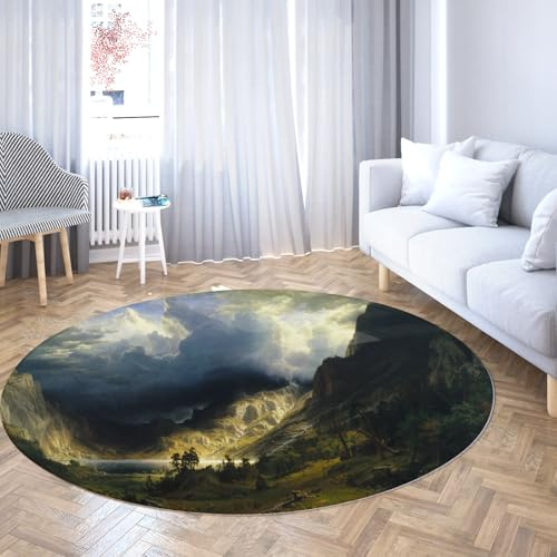 Runder Teppich 160cm EIN Sturm in den Rocky Mountains Mt. Rosalie Rutschfester maschinenwaschbarer Teppich Home Decor Bodenmatte für Schlafzimmer Veranda Schlafsaal