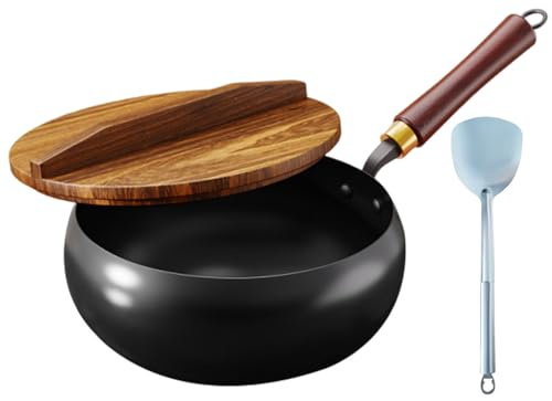 Wok de 24 cm avec couvercle, poêle à frire en fer forgé – Poêle à frire profonde non revêtue avec poignée qui reste froide pour cuisiner des plats asiatiques, wok en fer forgé pour plaques à induction