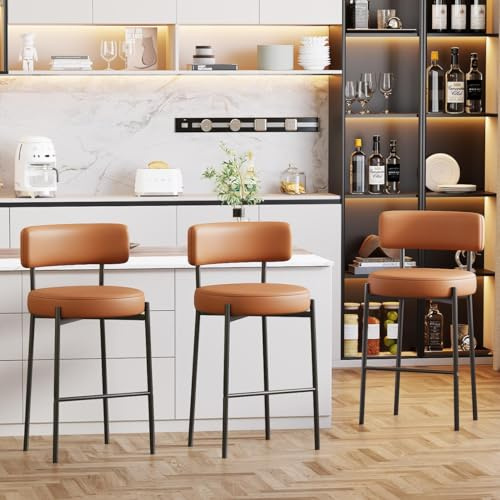 Ckaff Barhocker 3er Set, 63.5cm Sitzhöhe Barstuhl Küchenstuhl aus PU-Leder, Tresenhocker Bistrohocker mit Rückenlehne, Gepolsterte Küchenhocker Esszimmerstuhl für Kücheninsel, Bar, Esszimmer, Braun