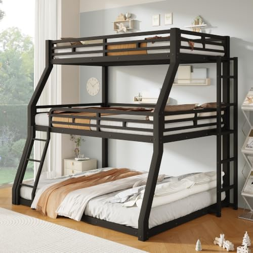 LinoraFurn Etagenbett, 90 x 200/120 x 200/140 x 200 cm, Metallbettgestell, Eisenbett, Dreifach-Etagenbett,Leiterposition optional, für Kinder, Jugendliche und Erwachsene, Ohne Matratze, Schwarz