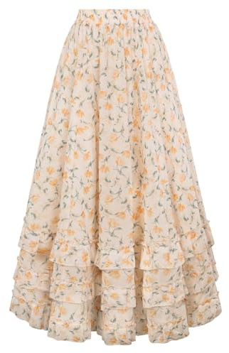 Maxi Skirts for Women Floral Chiffon Elastic High Waist Flowy Ruffle Long Skirt with Pokets Yellow Floral M