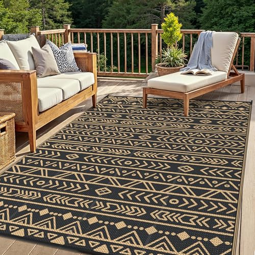 GENIMO Tappeto per Esterni 8x10 FT (244x305 cm), Impermeabile Reversibile Design Boemo Nero e Marrone per Giardino, Terrazza Grande, Eventi – Extra Large