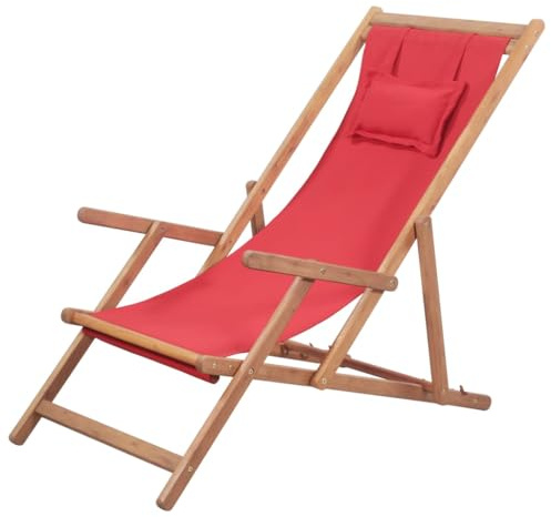 Bucmath Strandstuhl Klappbar Stoff und Massivholz Rot, Verstellbarer Gartenstuhl für Balkon, Leichter Campingstuhl mit robustem Holzrahmen, Wetterfest, 3-Fach verstellbar