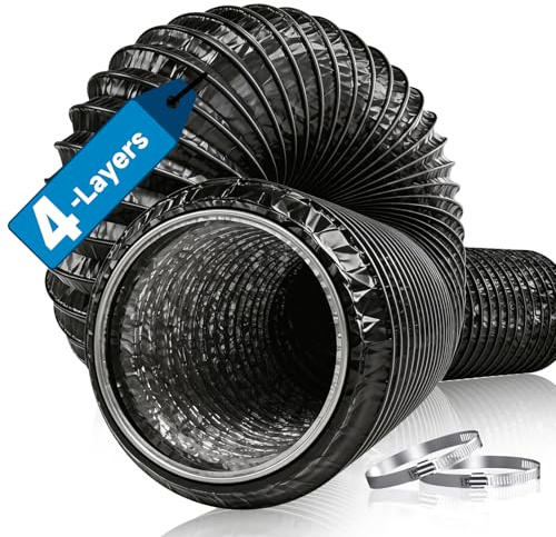 Hon&Guan 100mm Alurohr Abluftschlauch Verdickt 2,5m mit 2 Schlauchschellen | Alu Flexrohr Flexible Universal Trockner Schlauch, Flexschlauch Isolierter für Abzugshaube Rohrventilator Klimagerät Schwarz