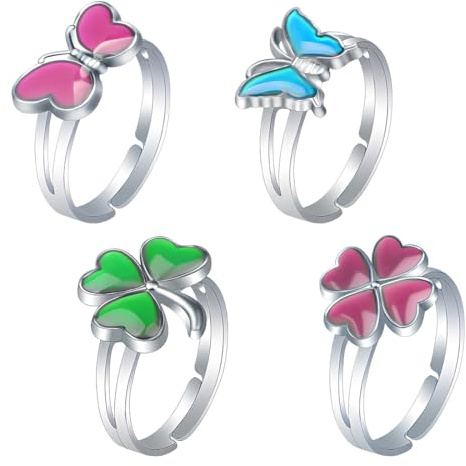FHRYNA 4 Stück Stimmungsringe für Kinder Mädchen, Farbwechsel Ringe mit Tier & Blumen Design, Gefühlsring Verstellbar, Temperatur Ringe Emotionsgefühl, als Freundschaftsring Geschenk