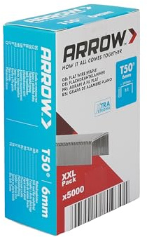 Arrow Flachdrahtklammer T50 6mm, 5000 Stk. XXL Packung, Tacker-Klammer für Handtacker, Elektrotacker und Hammertacker, ideal für Folien und Pappe