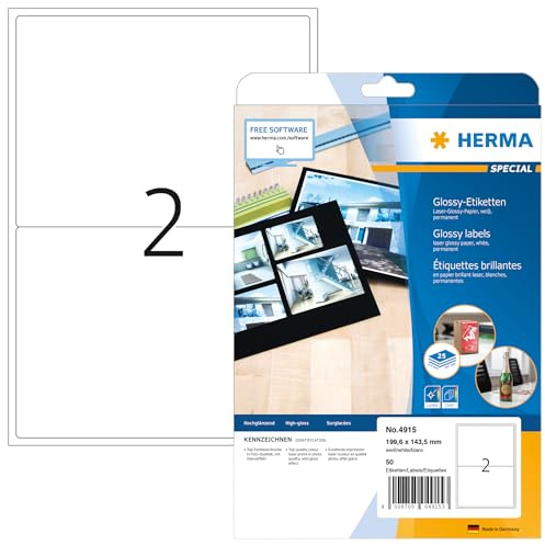 HERMA 4915 Hochglanz Etiketten, 25 Blatt, 199,6 x 143,5 mm, 2 pro A4 Bogen, 50 Stück, selbstklebend, bedruckbar, glänzend, blanko Glossy Papier Klebeetiketten Aufkleber, weiß