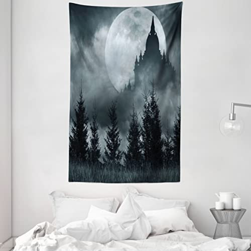 ABAKUHAUS Halloween Wandteppich und Tagesdecke, Magic Castle Entwurf aus Weiches Mikrofaser Stoff Waschbar ohne Verblassen Digitaldruck, 140 x 230 cm, Hellgrau Grau