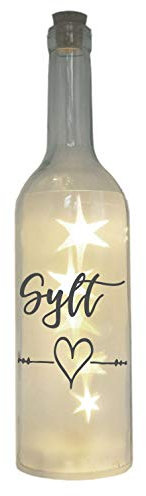 WB wohn trends LED-Flasche mit Motiv, Insel Sylt Herz, Grau, 29cm, Leuchtflasche mit Text Spruch Stadt maritim, Deko-Artikel oder Geschenk
