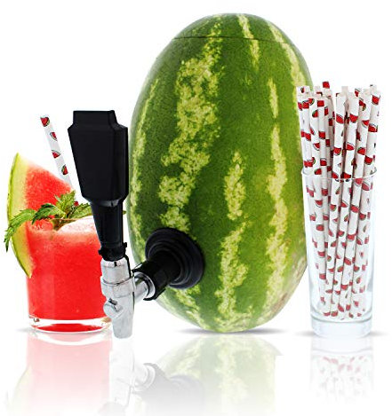 Party On Tap Wassermelonen-Wasserhahn-Set – Fässer-Ausgießer, Entkernungsset, Trinkhalme, ideal zum Dosieren von Saft, Alkohol oder anderen Getränken auf Ihrer nächsten Party.