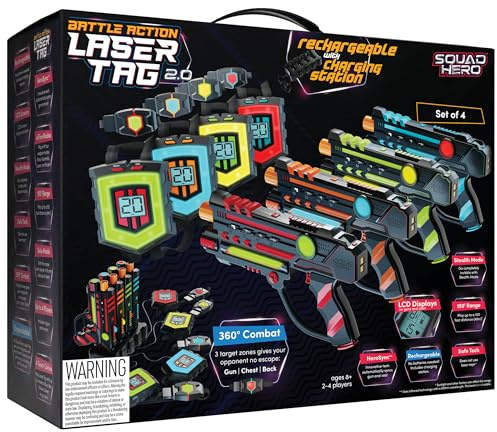 Squad Hero Rechargeable Laser Tag 360° Sensors + LCDs - Set of 4 - Easter Gift Ideas for Kids Teens and Adults Boys & Girls Family Fun - Cool Teenage Lazer Group Activity, Teen Gifts Ages 8+ Year Old