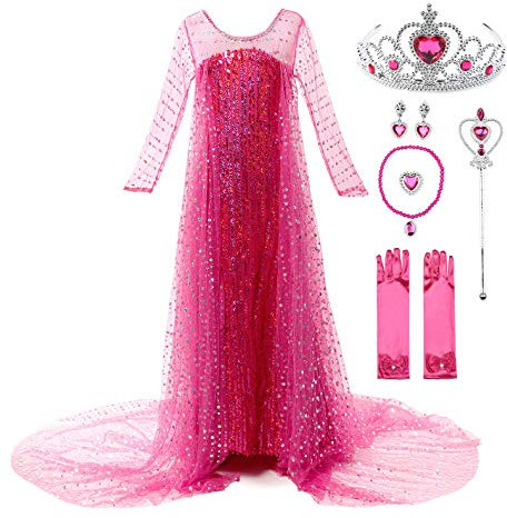 JerrisApparel Vestito Principessa Elsa Bambina Paillettes Carnevale Festa Costume (130, Rosa Con Accessori)