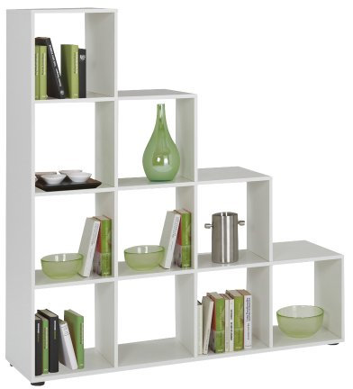 FMD furniture Treppenregal Raumteiler Bücherregal Raumtrenner 10 Fächer, in Weiß 138,5 x 141,5 x 32,6 cm (BxHxT)