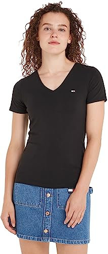 Tommy Jeans Tjw Skinny Stretch V Neck Kurzarm Strickoberteile, Damen, Schwarz (Black), Xs
