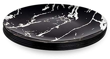 Paquete de 10 platos reutilizables de plástico duro negro y plateado ~ 9 pulgadas diseño de mármol resistente vajilla de plástico ideal para bodas y fiestas.