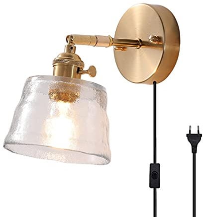 FREEDL Vintage Wandleuchte Schlafzimmer mit Schalter und Stecker Gold Wandlampe Innen mit Kabel E27 Schlafzimmer Nachttischlampe Glass Schirm Flur Badezimmer Spiegellampe Wandbeleuchtung