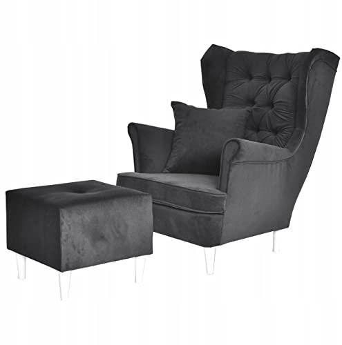 Family Meble Ohrensessel mit Hocker, Modell Gaja, Skandinavisch, Relaxsessel aus Webstoff, Loungesessel, Ohrensessel mit Hocker, Bequemer Sessel, Für Wohnzimmer, Esszimmer, Schlafzimmer, Graphit 2