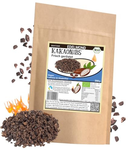 Frisch geröstete Kakaonibs aus Edelkakao – Bio & Fairtrade – Low Cadmium Charge geprüft – Kakaobohnen gehackt in Deutschland – 200 g – Edelmond