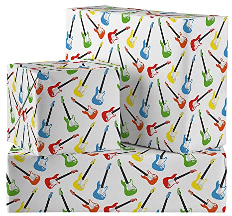 Hunts England - 2 Sheets Of Electric Guitar Birthday Luxury Wrapping Paper For Men/Women - Includes 2 Gift Tags - Folded Gift Wrap - Iconic Collection - For Son, Daughter, Dad, Husband, etc.
