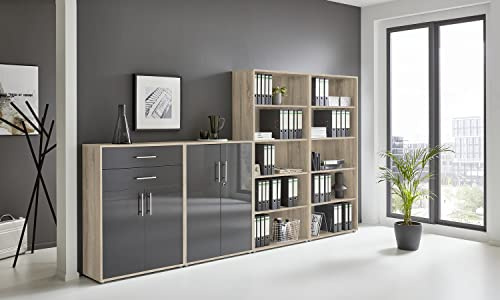 BMG Möbel Aktenschrank Office Edition Set 21, Büroschrank abschließbar mit Metallgriffen Made in Germany (Eiche Sonoma/Anthrazit Hochglanz)