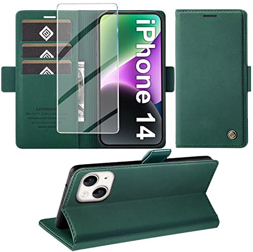 Giyer Handyhülle für iPhone 14 Hülle mit Schutzfolie, Standfunktion Kartenfach Wallet Premium Leder Schutzhülle für iPhone 14 5G 6.1 Zoll Flip Case Cover Stoßfeste Klapphülle (Grün)